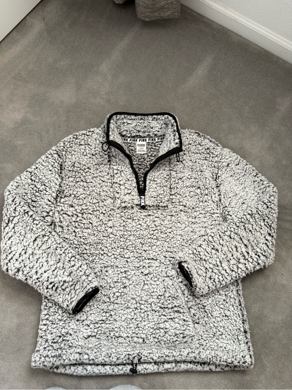 PINK Victoria's Secret Black-Trim Gray Sherpa Zip-Up Pullover